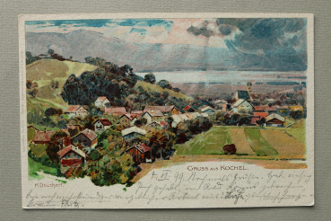 AK Gruss aus Kochel / 1899 / Künstler Karte Atelier H Deuchert / Litho Lihtographie / Ortsansicht